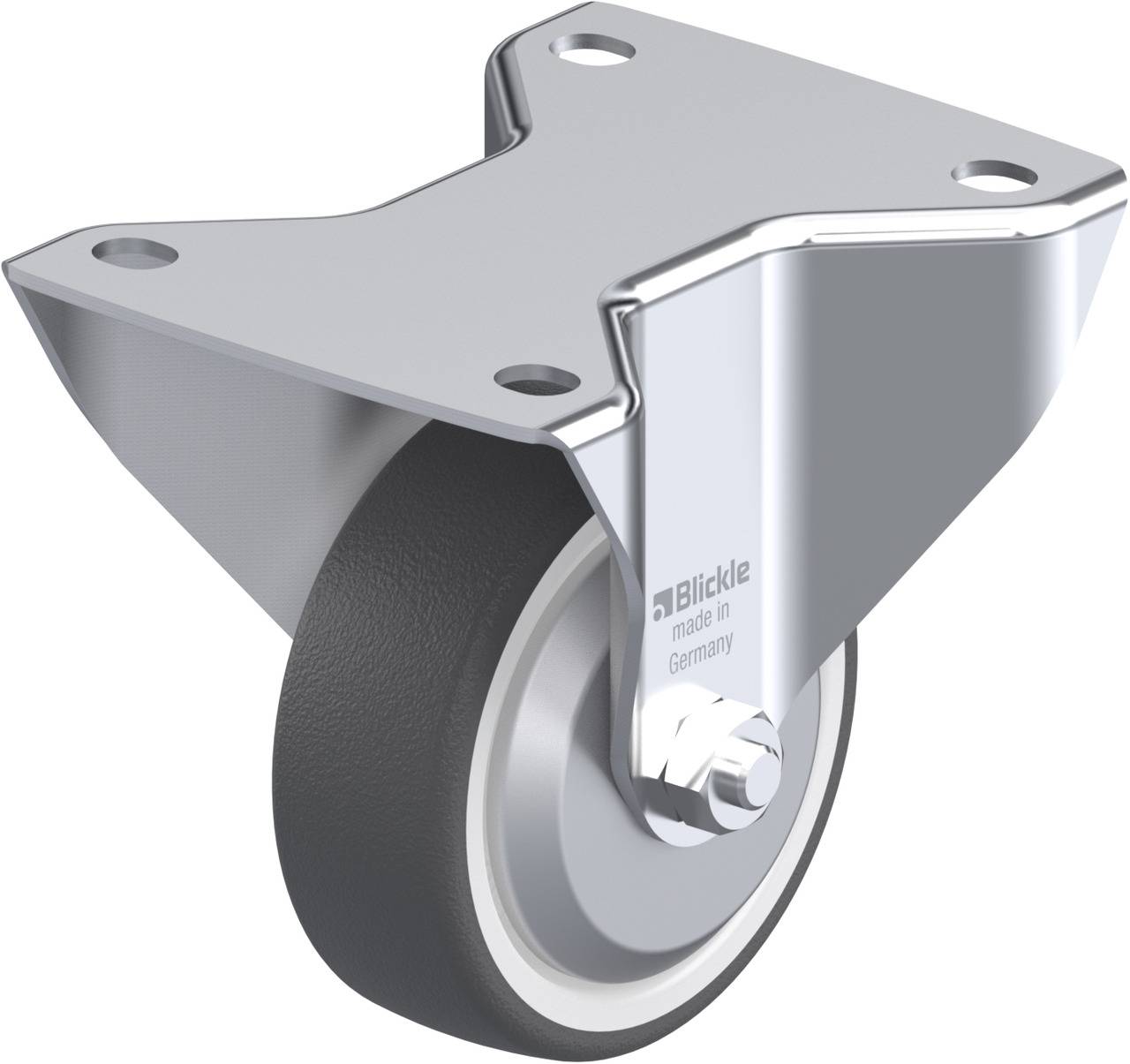 Ein feststellbares Rad aus Metall und Gummi für Schwerlast. Hergestellt in Deutschland.