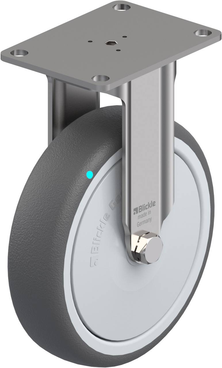 Grau-weiße Lenkrolle aus Metall und Kunststoff, montierbar an Möbeln oder Geräten, für flexible Bewegung.