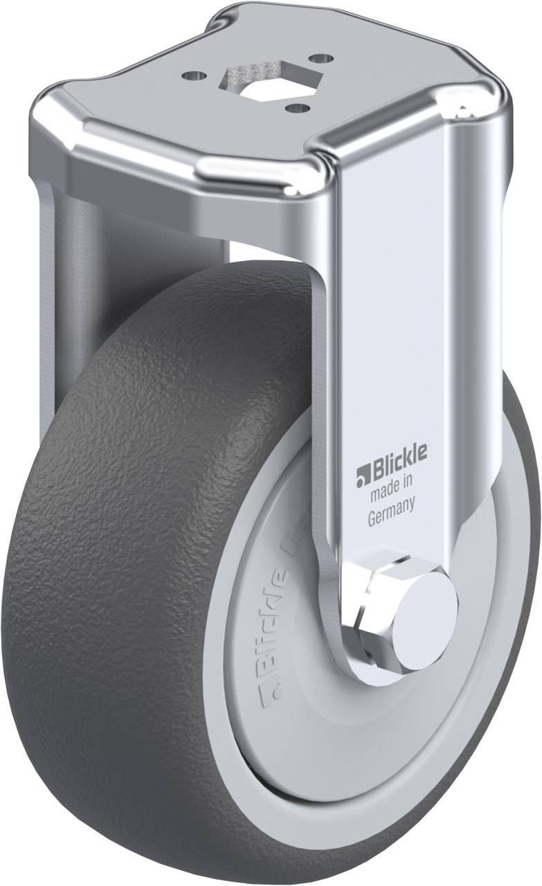 Metallenes Schwenkrolle mit grauem Gummirad, im Profilansicht. Auf dem Gehäuse steht 'Blickle made in Germany'.