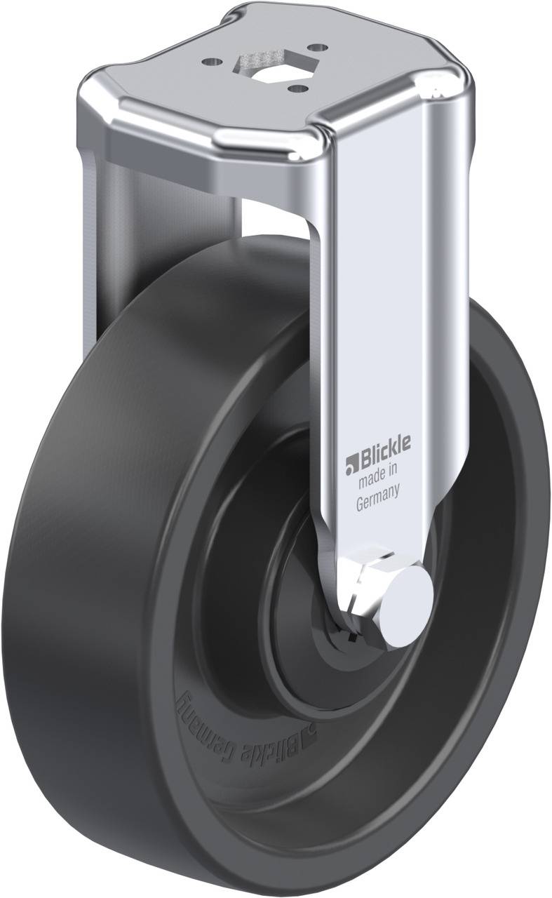 Schwarzes Rad mit silbernem Halter aus Metall, das mit 'Blickle, made in Germany' gekennzeichnet ist.