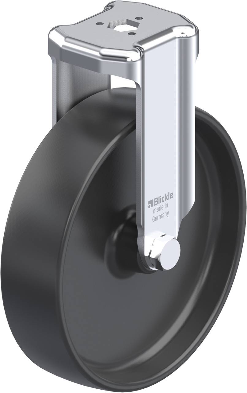 Industrie-Schwenkrolle mit schwarzem Rad und silbernem Gehäuse, geeignet für schwere Lasten. Aufschrift 'Blickle Made in Germany'.