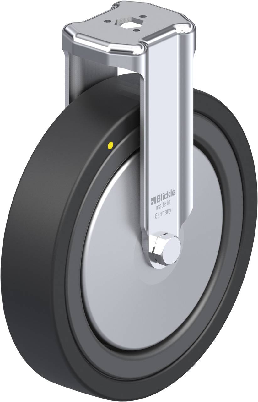 Industrie-Lenkrolle aus Metall mit grauem Rad und schwarzem Reifen, geeignet für schwere Lasten.