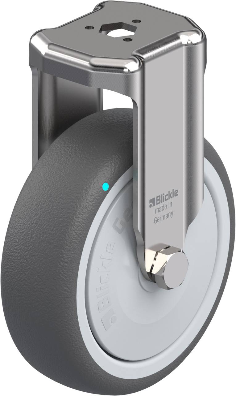 Graues Rad mit silbernem Gehäuse und Aufschrift 'Blickle made in Germany'. Geeignet für industrielle Anwendungen.