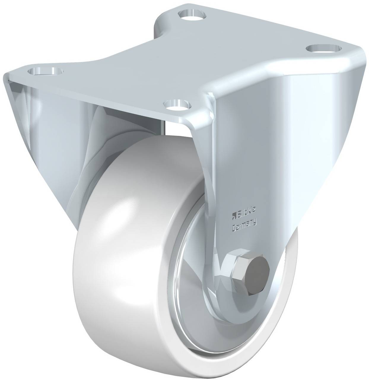 Einzelnes drehbares Rollenrad aus Metall, seitliche Ansicht, glatt und glänzend, für industrielle Anwendungen.