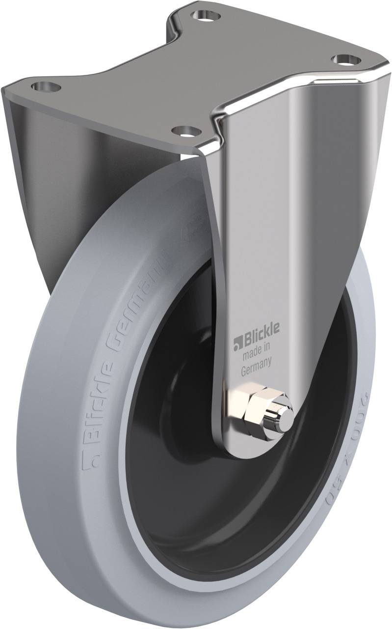 Metallisches Lenkrollenrad mit grauem Gummireifen und Halterung für Möbel oder Transportgeräte, robust und industriell gefertigt.