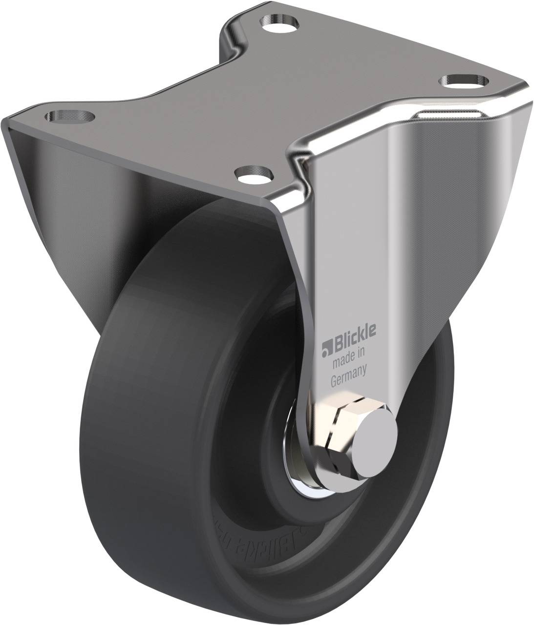 Kugelgehäuse-Rolle mit schwarzem Rad, montierbar durch vier Schraubenlöcher. Ideal für Möbel oder Geräte auf harten Böden.