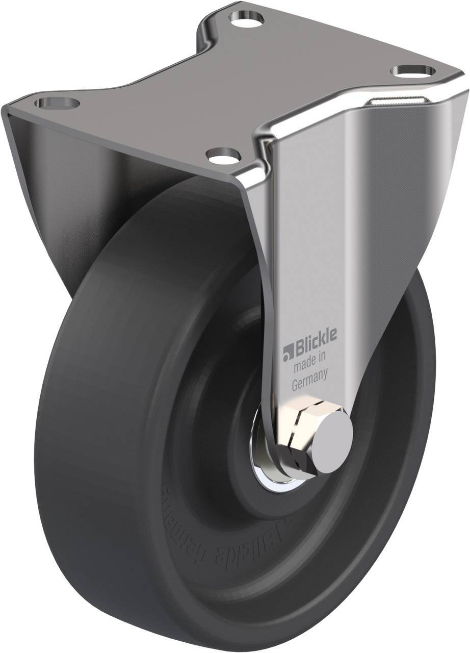 Schwenkrolle mit schwarzem Rad und silbernem Gehäuse, geeignet für Industrieanwendungen. Aufdruck 'Blickle made in Germany'.