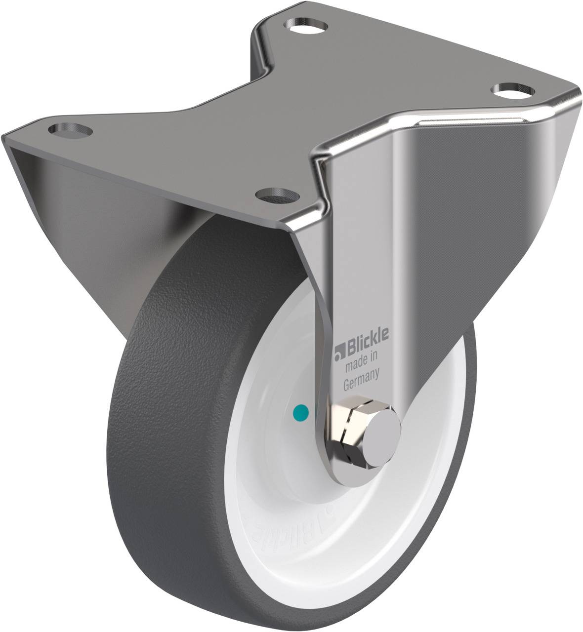 Schwenkrolle aus Metall mit grauem Rad, gefertigt von 'Blickle' in Deutschland.