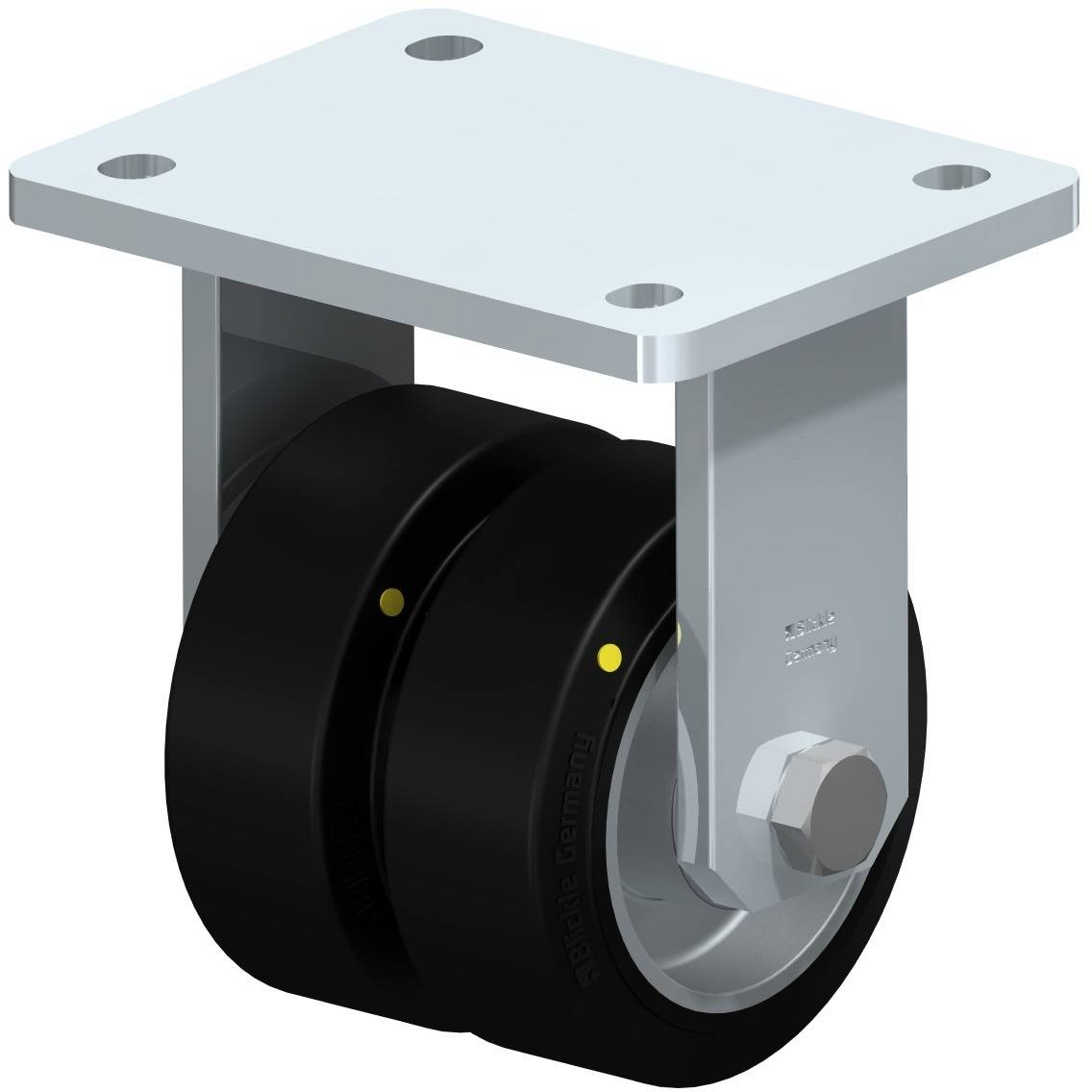 Ein drehbares Doppelrad aus schwarzem Material mit silbernem Metallgehäuse, montiert an einer rechteckigen Grundplatte mit vier Löchern.