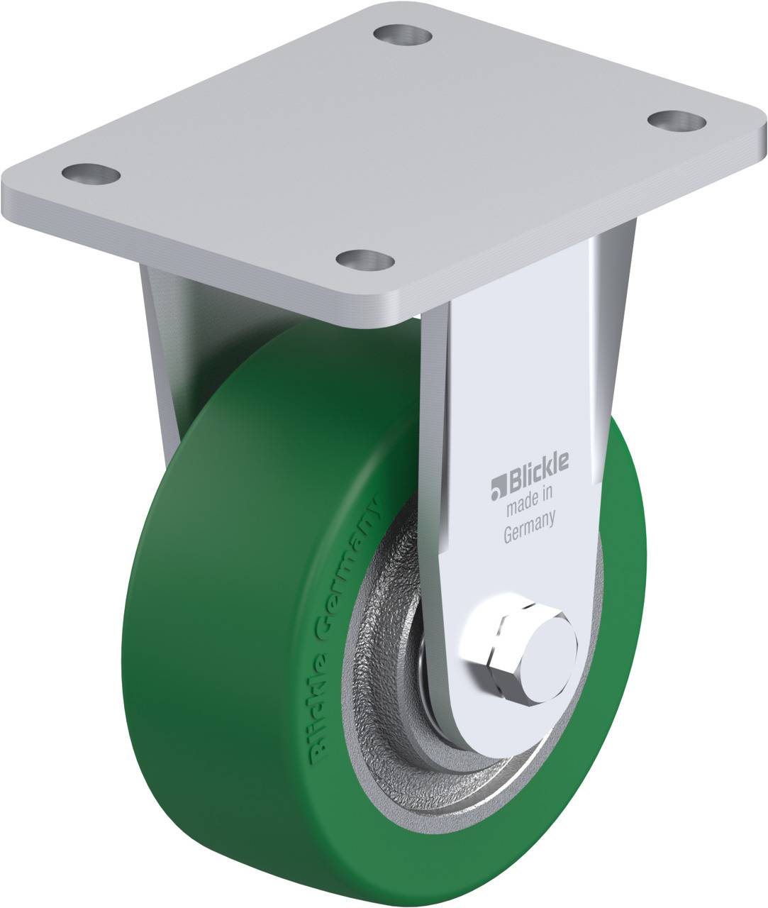 Grünes Schwenkrollenrad mit Metallrahmen, Aufschrift 'Blickle made in Germany'.