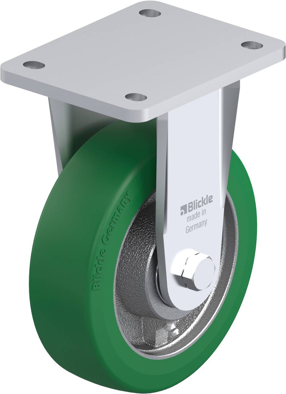 Industrie-Lenkrolle mit grünem Rad, silbernem Gehäuse, beschriftet mit 'Blickle made in Germany'.