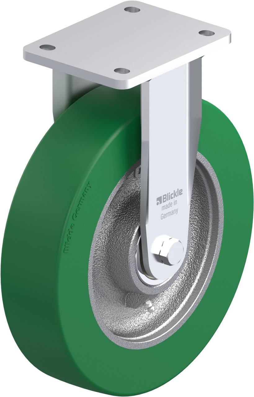 Schwenkrolle mit grünem Rad, montiert an Metallplatte. Rad aus Vollgummi, Halterung aus Metall. Aufdruck: Blickle, Made in Germany.