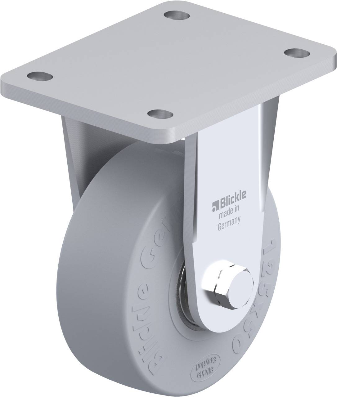 'Blickle' graues Schwenkrollenrad mit Metallhalterung, quadratische Montageplatte. Hergestellt in Deutschland. Geeignet für Möbel.