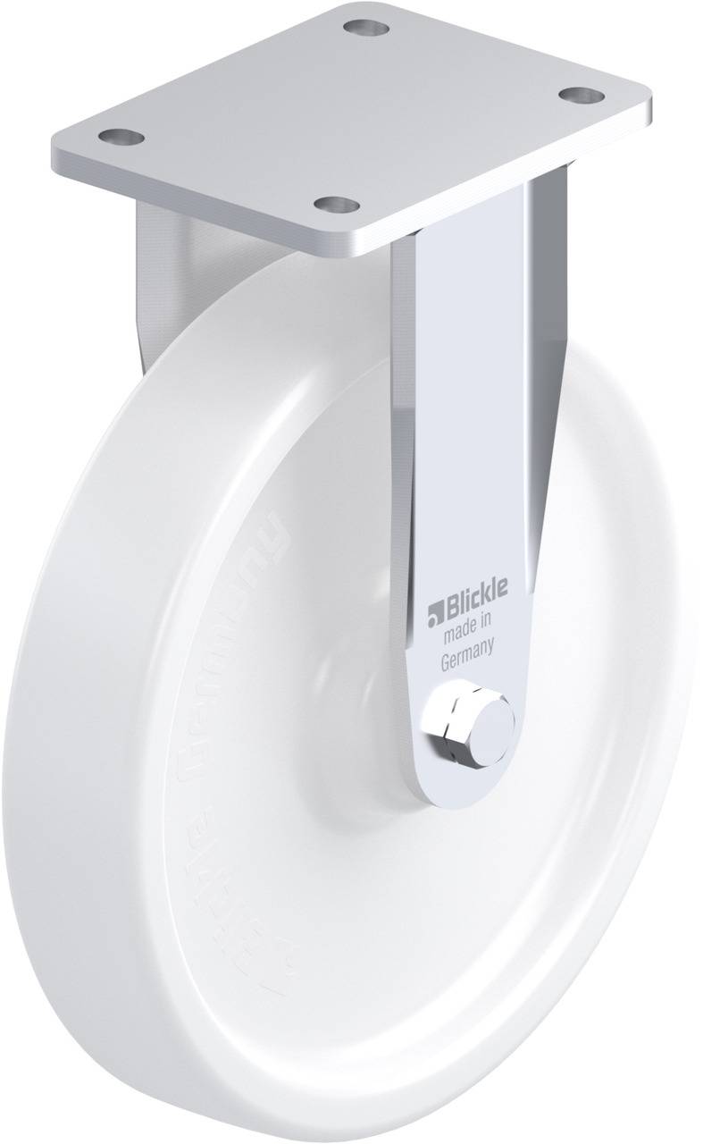 Blickle-Wingrad aus Deutschland, weißes Rad mit Metallhalterung, geeignet für Transporte. Produkt-Design zeigt Langlebigkeit und Effizienz.