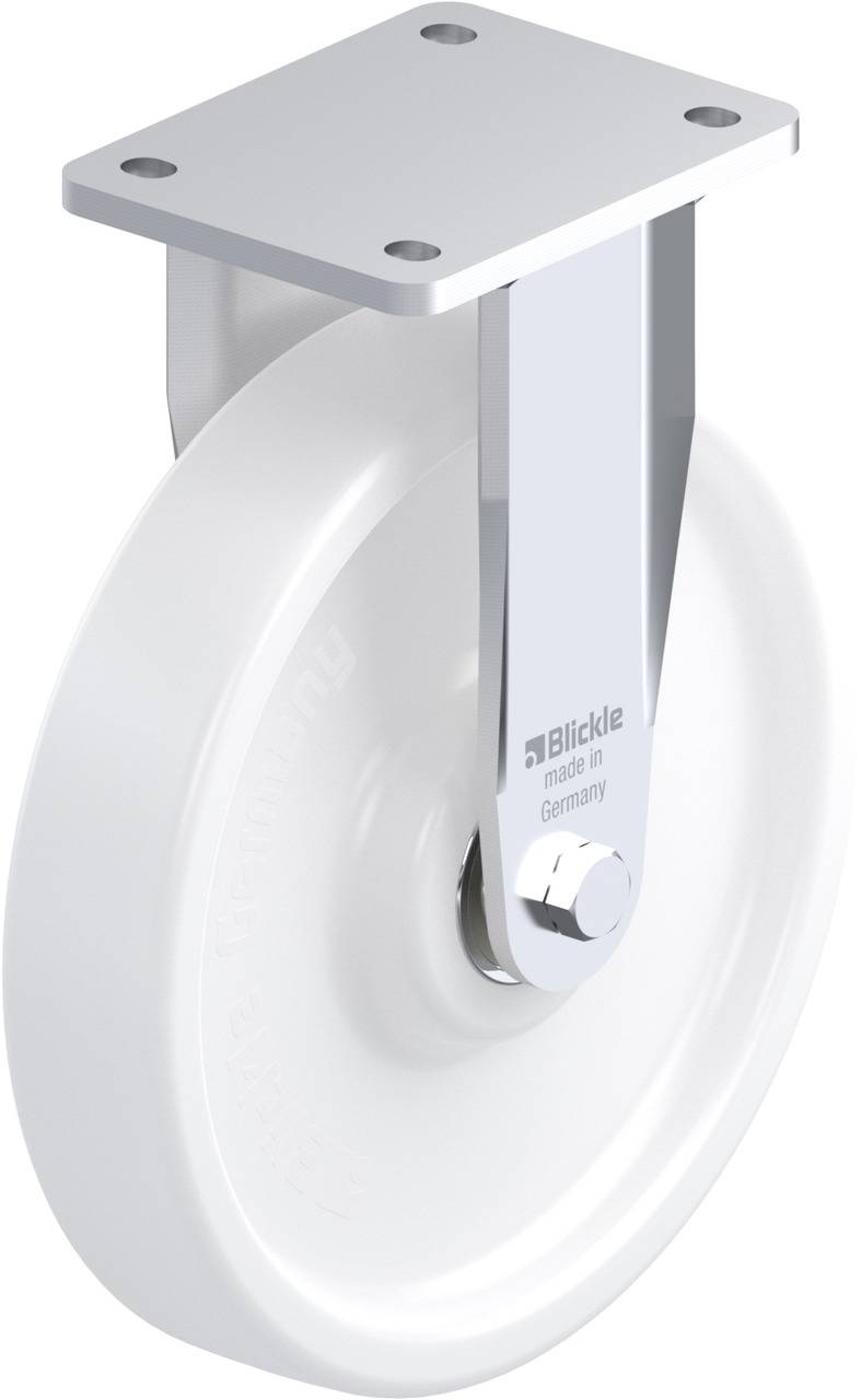 Weiße Industriekrolle mit Metallhalterung, quadratische Platte oben. Aufschrift 'Blickle, Made in Germany' auf der Radhalterung.