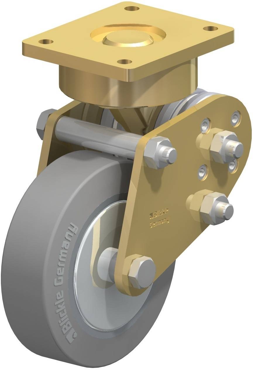 Industrie-Schwenkrolle mit grauer Polyurethan-Lauffläche und robustem goldfarbenem Gehäuse, geeignet für schwere Lasten.