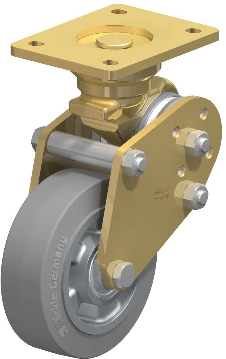 Industrie-Rollenrad aus Metall mit grauem Gummi-Rad, geeignet für schwere Lasten. Goldfarbenes Gehäuse und Befestigungsplatte.