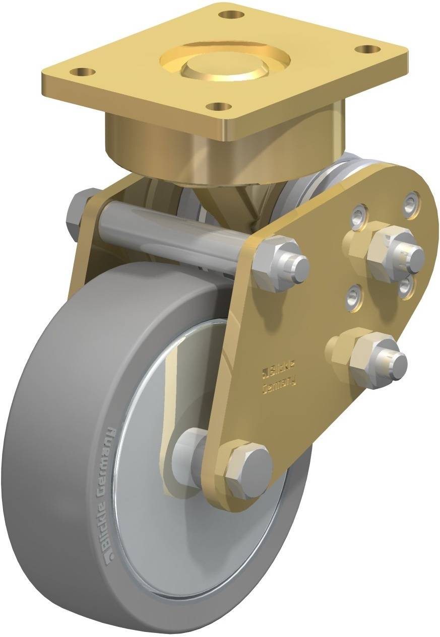 Schwenkrolle mit grauem Rad und goldener Halterung, geeignet für schwere Lasten. Ideal für Möbel oder Industrieausrüstung.