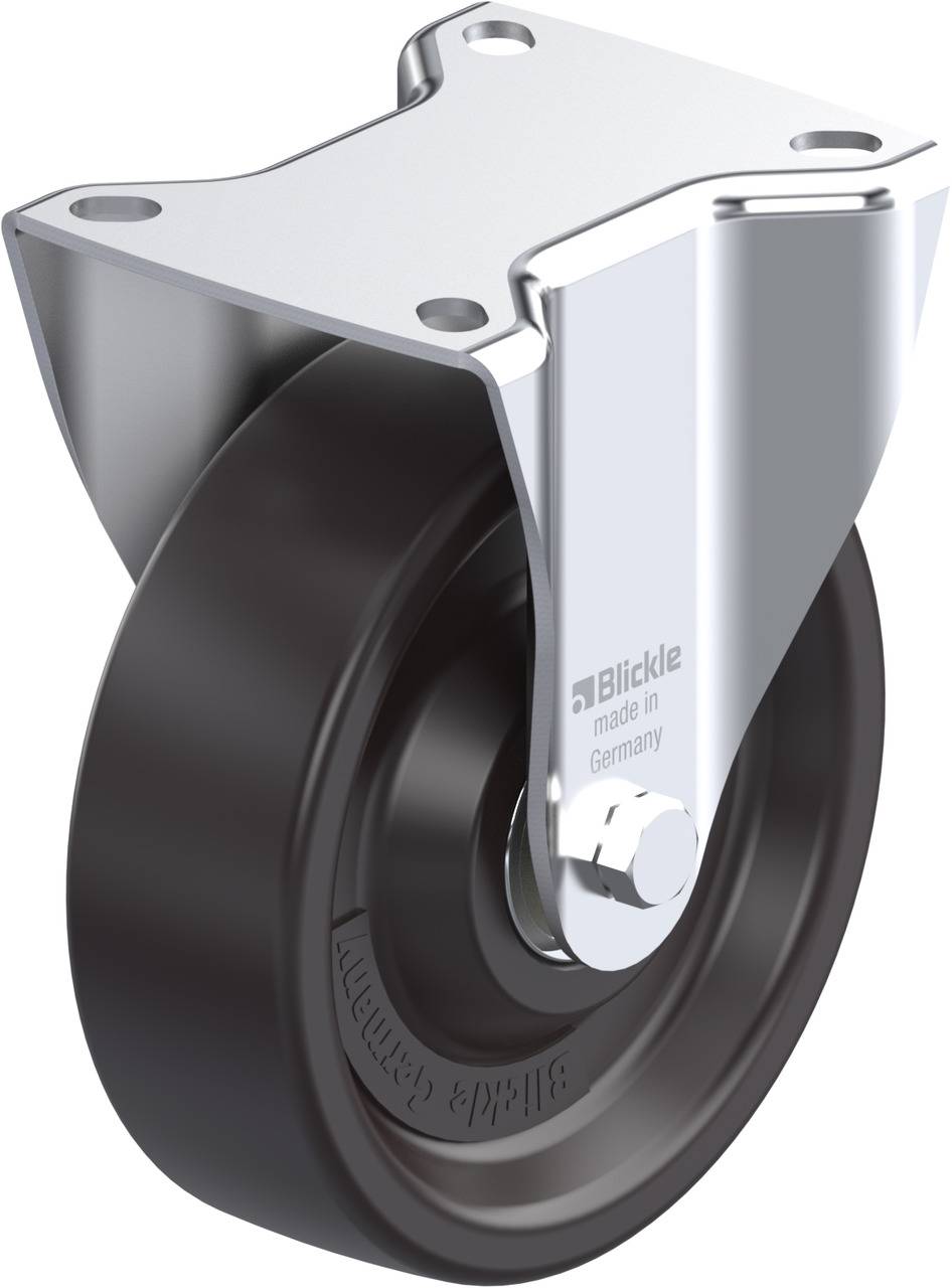 Ein glänzendes, silbernes Gehäuse mit einem schwarzen Rad darunter. Aufschrift auf dem Gehäuse: 'Blickle made in Germany'.