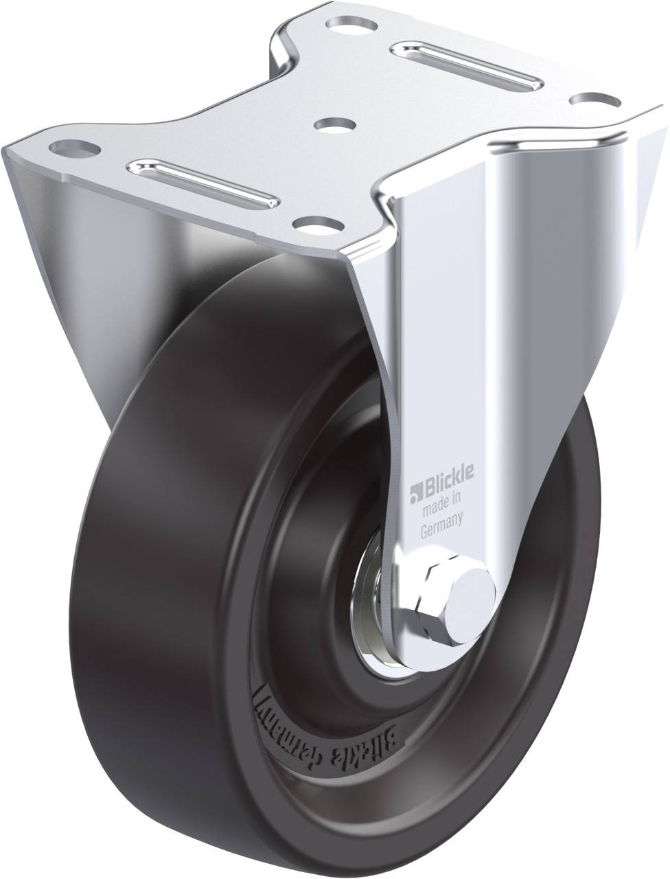 Schwerlastrolle mit schwarzem Rad und silbernem Metallgehäuse, geeignet für den industriellen Einsatz.