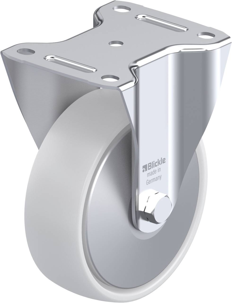 Metallisches Lenkrollenrad mit Halterung, silberfarben, zeigt solides und industrielles Design, produziert in Deutschland.