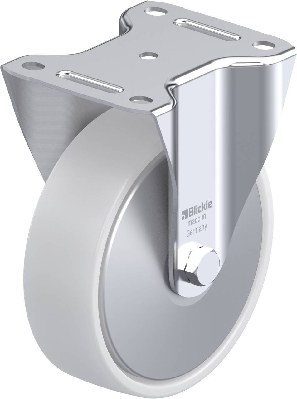 Einzelnes Lenkrad mit grauer Gummifläche, befestigt an einer glänzenden Metallhalterung. Auf der Halterung steht 'Blickle made in Germany'.