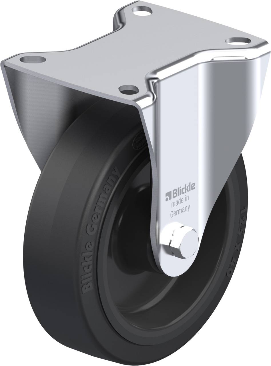 Schwenkrolle aus Metall mit schwarzem Rad, geeignet für industrielle Anwendungen. Hergestellt in Deutschland von Blickle.