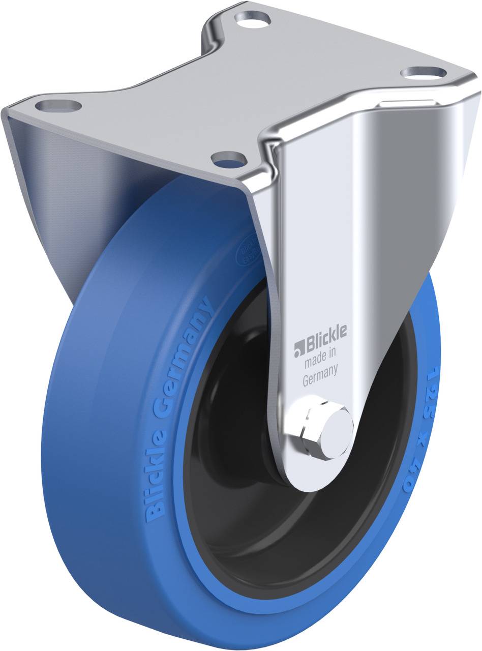 Industrie-Lenkrolle mit blauer Gummibeschichtung und silbernem Metallgehäuse, hergestellt von Blickle in Deutschland.