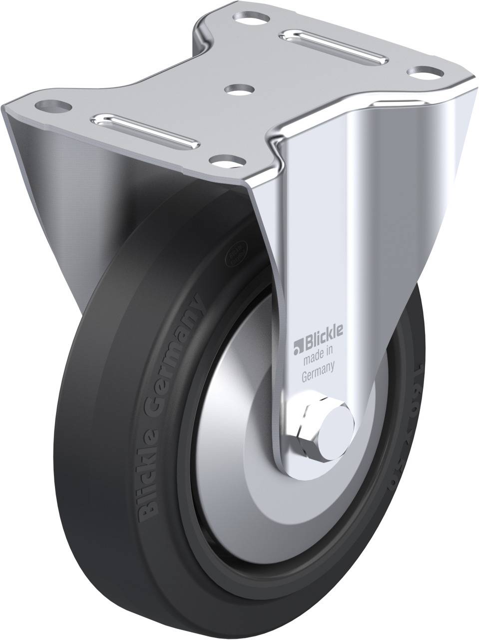 Metallrolle aus Edelstahl mit schwarzem Gummirad, auf der Seite steht 'Blickle made in Germany'. Geeignet für Schwerlastanwendungen.