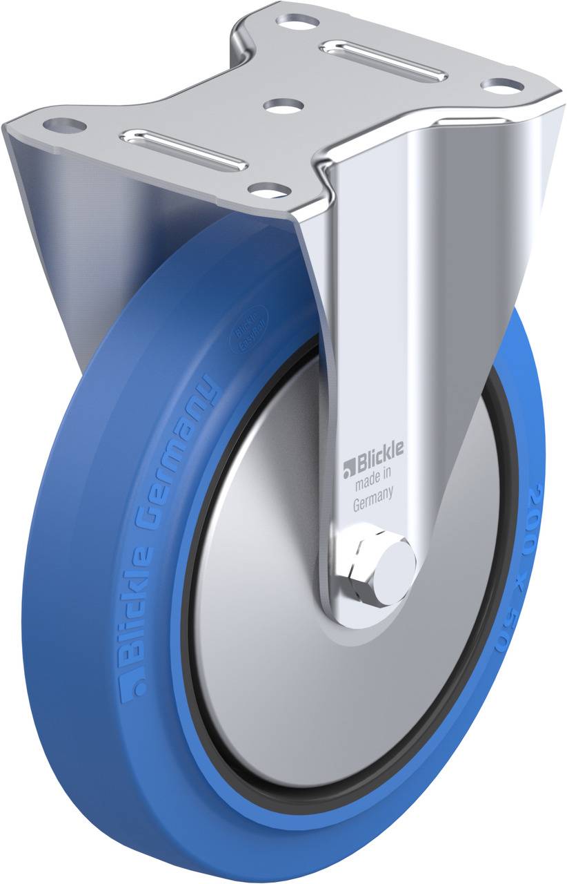 Das Bild zeigt ein blaues Rad mit silberner Halterung, darauf steht 'Blickle Germany'. Es handelt sich um ein Möbel- oder Transportgerät-Rad.