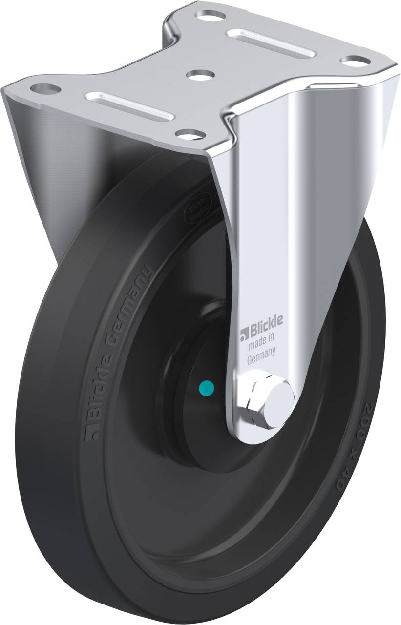 Industriegummirolle mit Metallhalterung, seitlich sichtbar. Rad schwarz, Halterung silberfarben mit Schraubbefestigung oben.