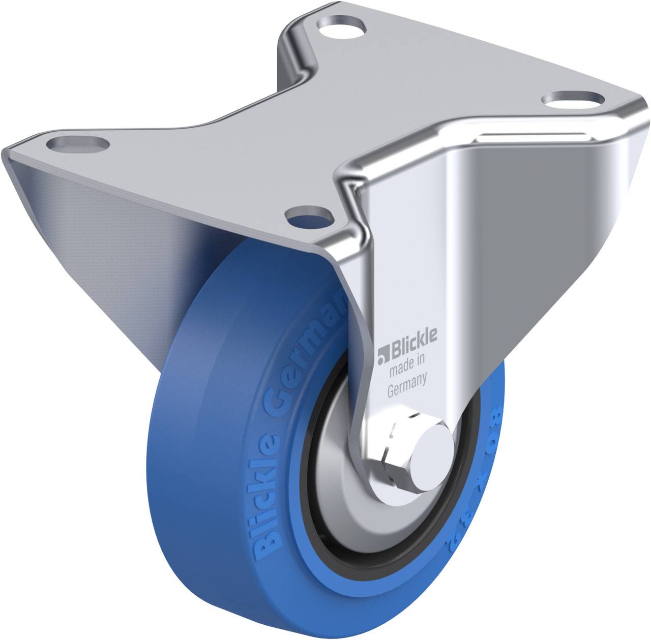 Blickle Lenkrad mit blauem Rad und glänzendem Metallgehäuse, geeignet für robuste Anwendungen in Maschinen und Transportgeräten.