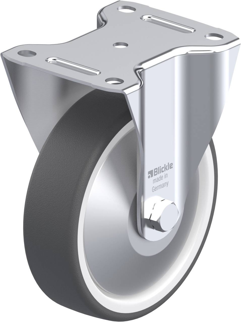 Schwenkrolle aus Metall mit grauem Rad und Halterung, geeignet für Möbel oder Geräte. Markenaufdruck 'Blickle' auf der Halterung.