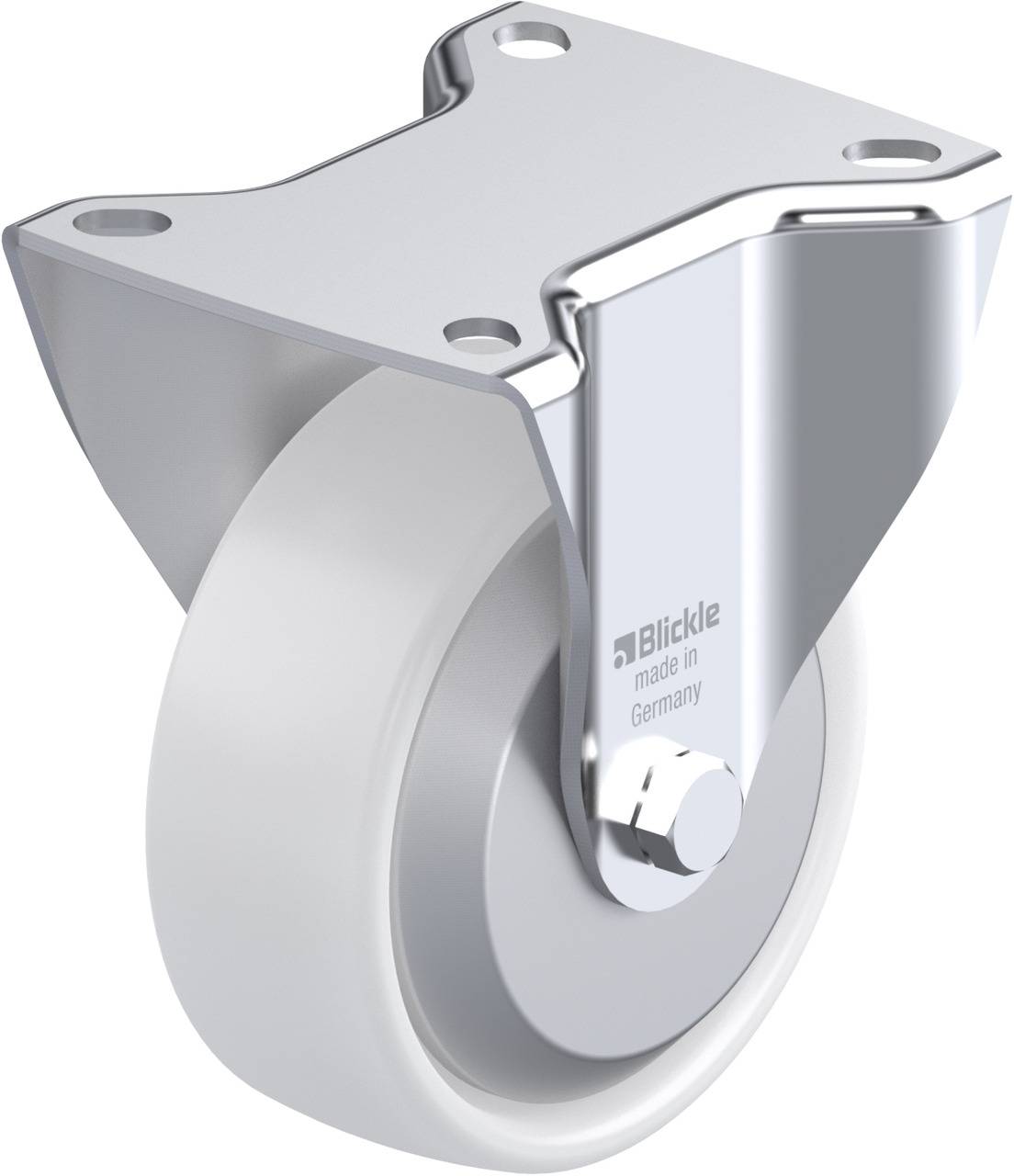 Schwenkrolle aus Metall mit grauem Rad, geeignet für Möbel oder industrielle Anwendungen. Aufdruck: 'Blickle made in Germany'.