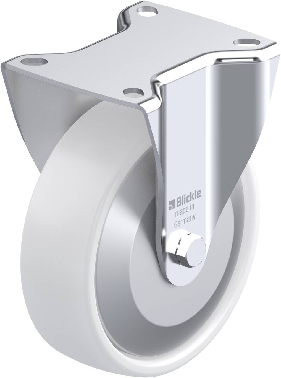 Schwenkrolle aus glänzendem Metall mit weißem Rad, geeignet für Möbel oder industriellen Einsatz. Aufschrift 'Blickle made in Germany'.