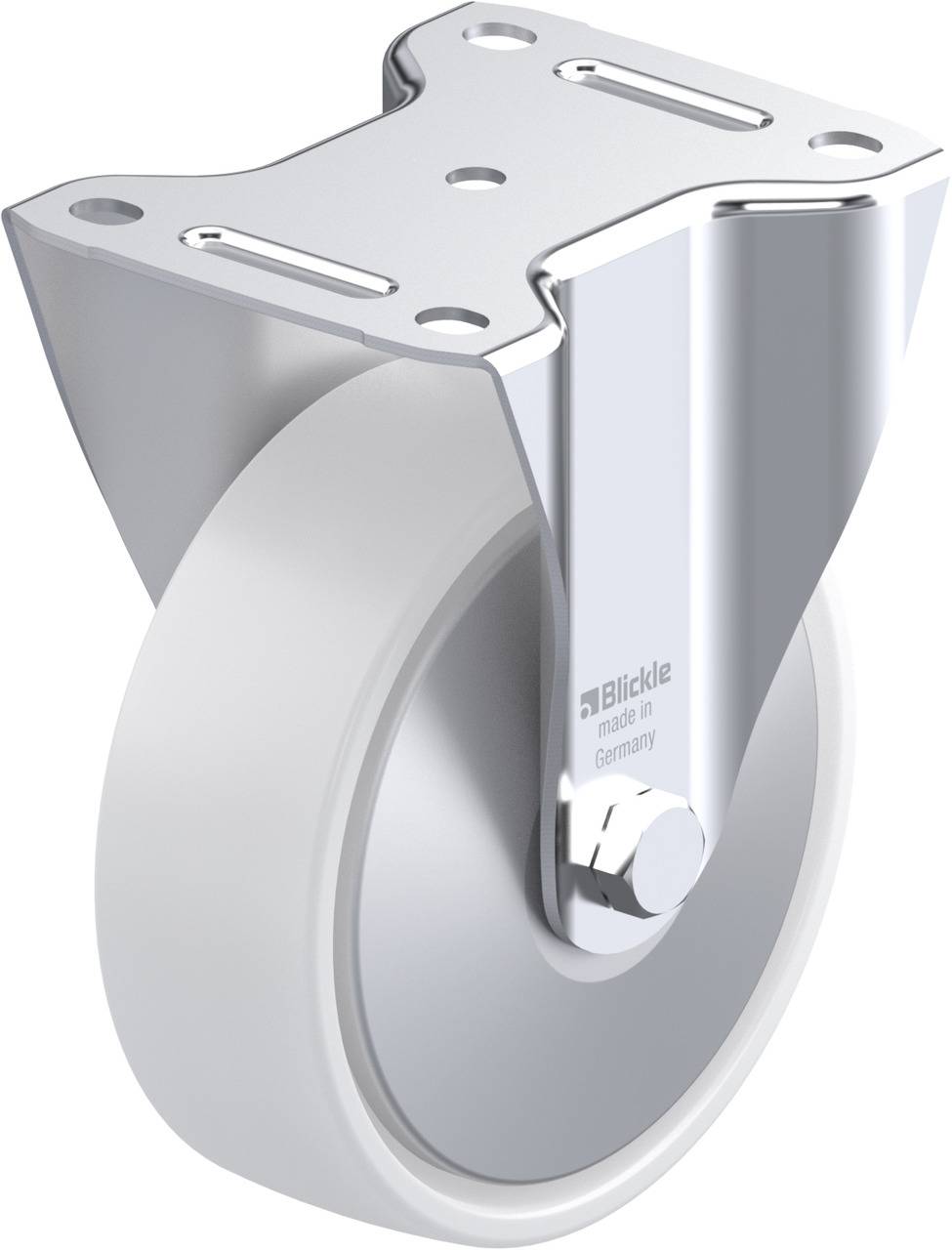 Industrie-Lenkrolle mit robustem Gehäuse aus Metall, geeignet für schwere Lasten. Rad aus weißem Material, stabil und langlebig.