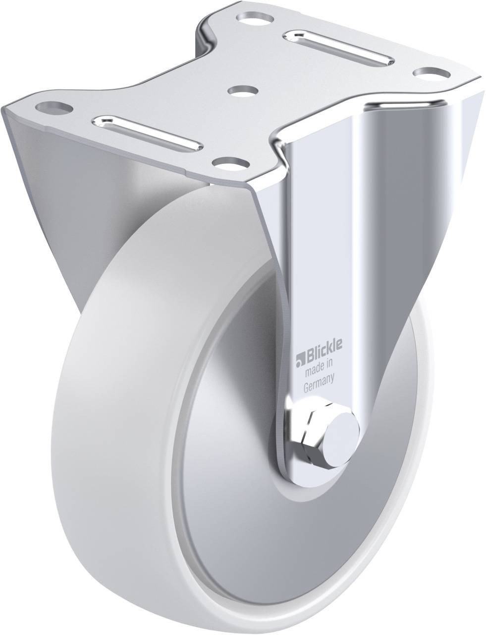 Industrie-Drehräder mit Metallgehäuse und weißem Rad. Robust und für den Einsatz in schweren Lasten geeignet.