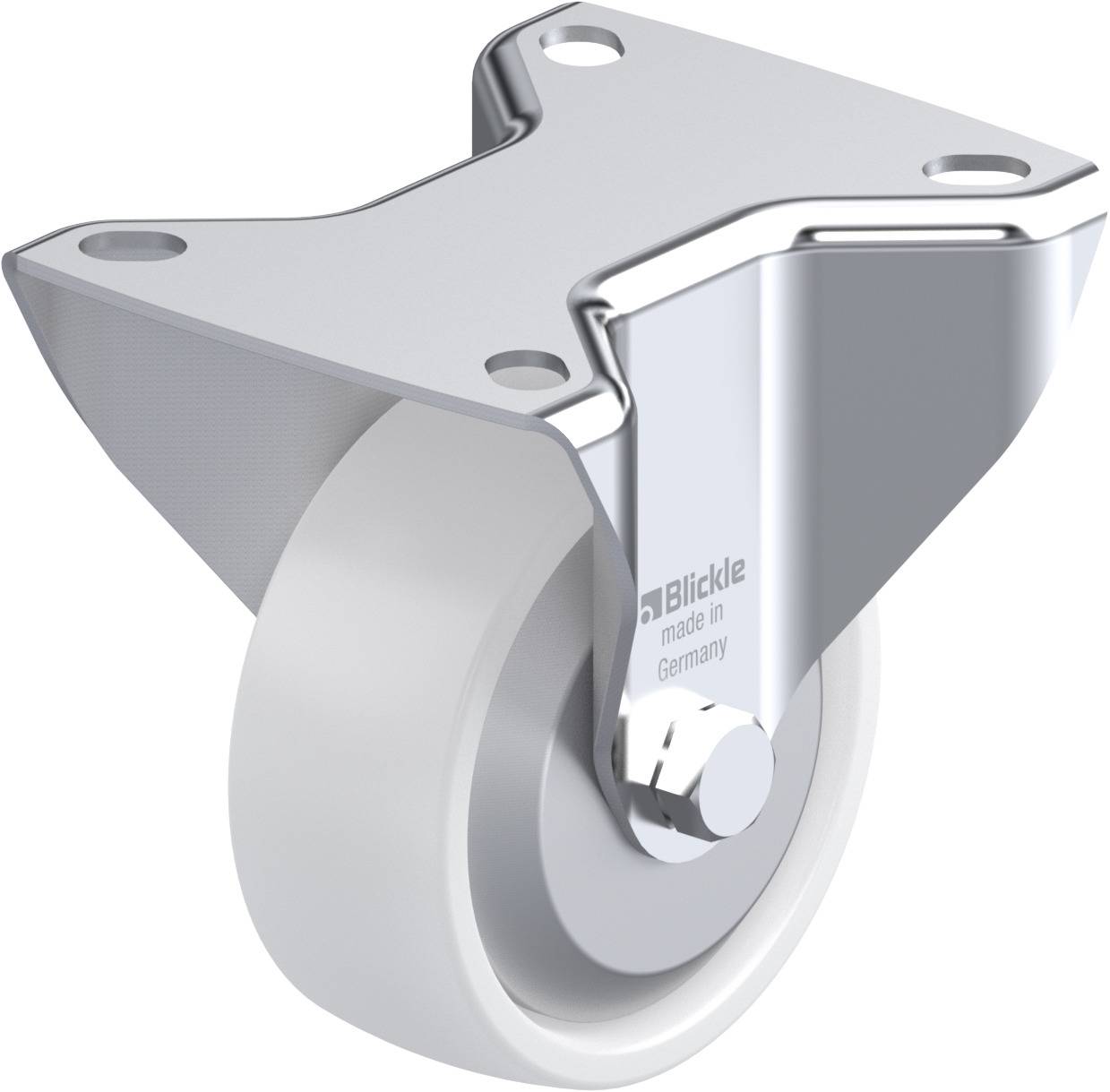 Industrie-Schwenkrolle mit grauem Rad und glänzendem Metallgehäuse, geeignet für Möbel oder Geräte. Aufschrift: 'Blickle made in Germany'.