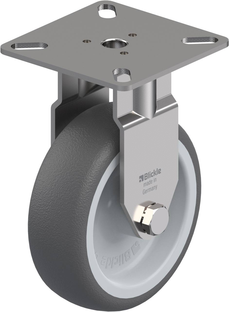 Graue Bockrolle mit Metallplatte, geeignet für schwere Lasten. Hergestellt in Deutschland.