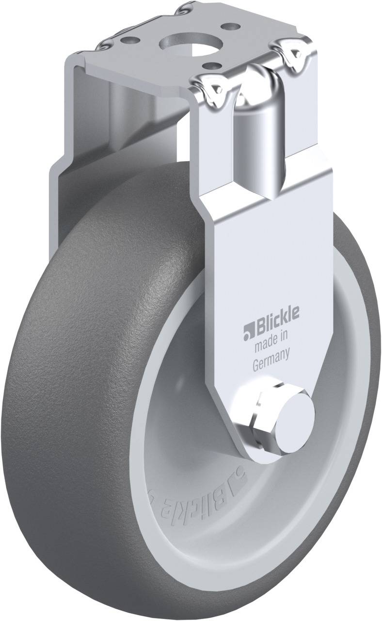 Metallrolle mit grauem Rad und Halterung, Hersteller 'Blickle', Aufschrift 'made in Germany'. Geeignet für industrielle Anwendungen.