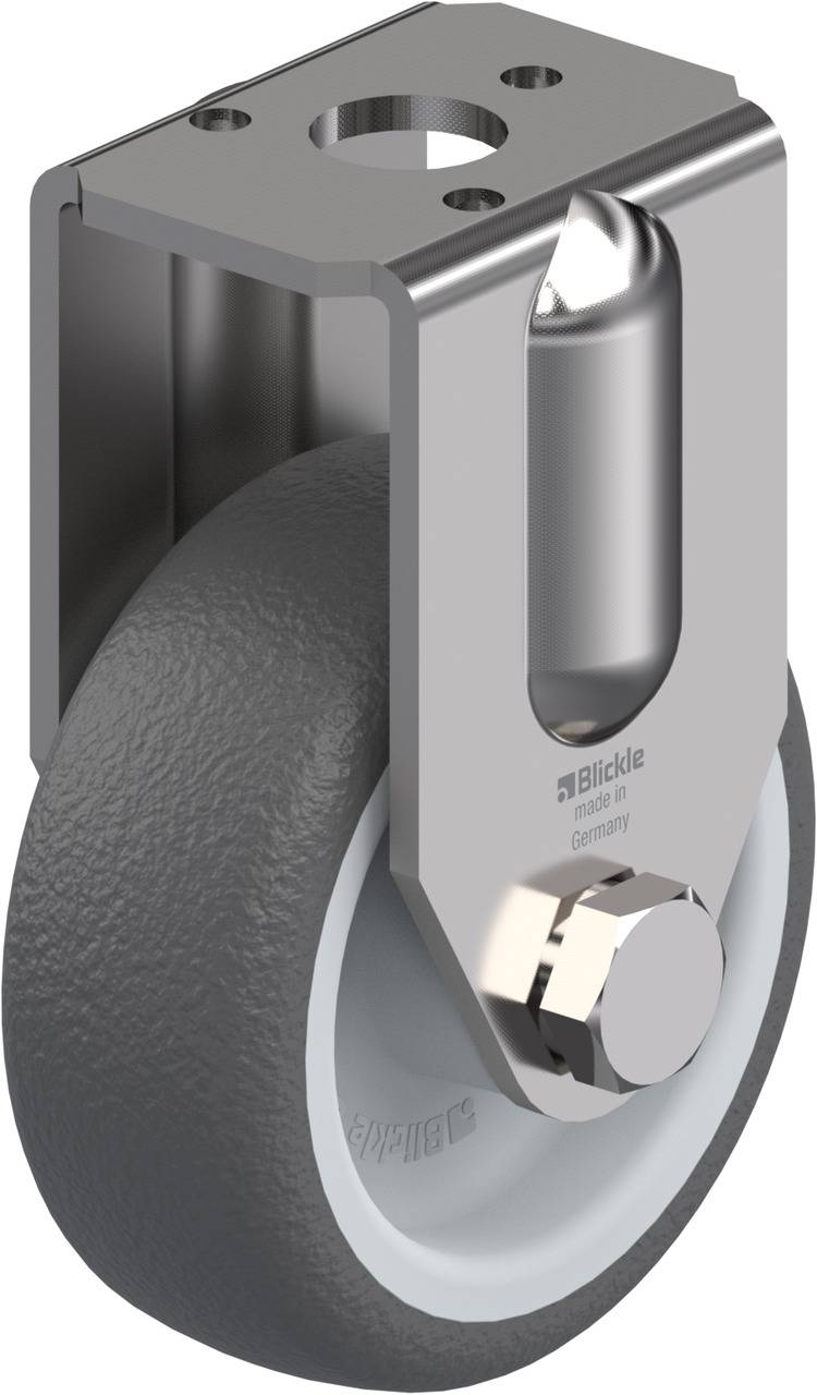 Ein graues Lenkrollenrad mit Metallhalterung, geeignet für Industriemaschinen.