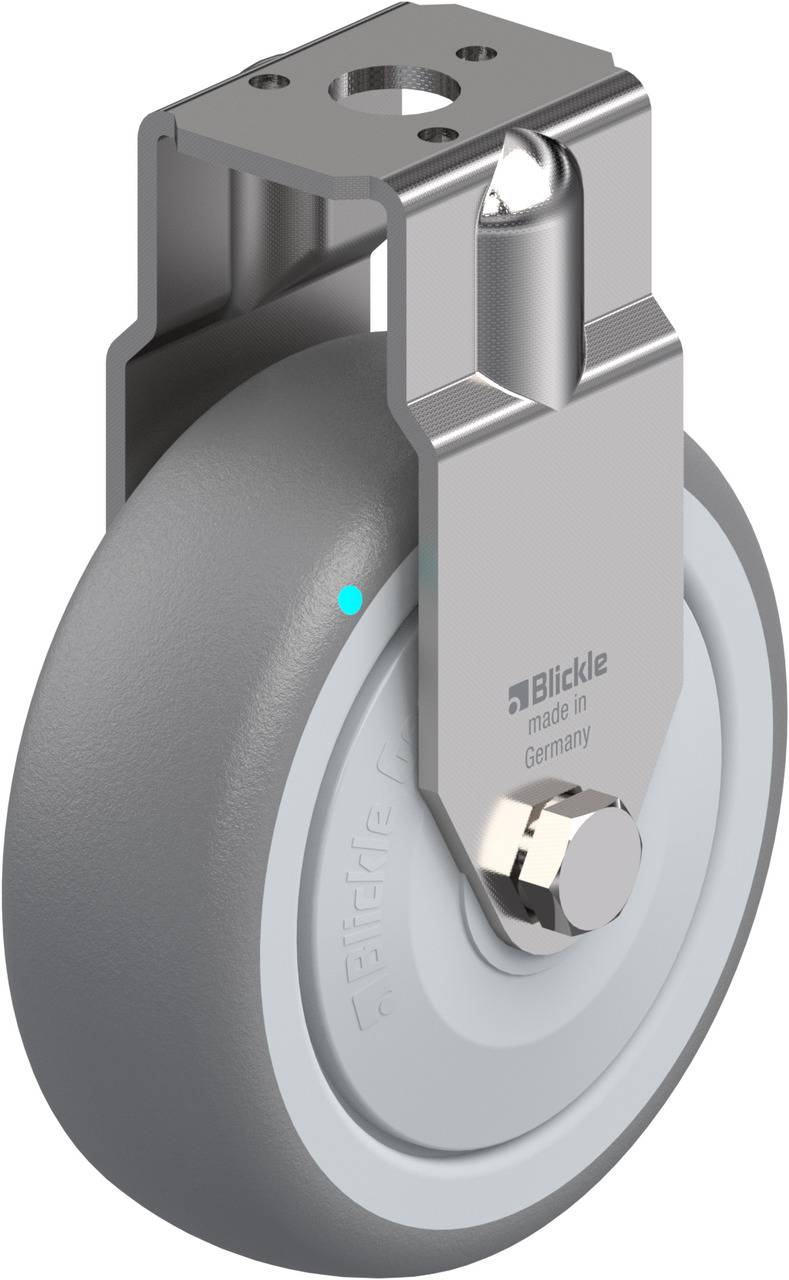 Industrie-Rad von Blickle, graue Gummilauffläche mit einem Metallträger. Aufschrift: 'made in Germany', geeignet für schwere Lasten.