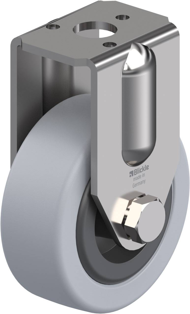 Industrie-Lenkrolle mit grauem Rad, silbernem Gehäuse und Montagesystem, geeignet für schwere Lasten.