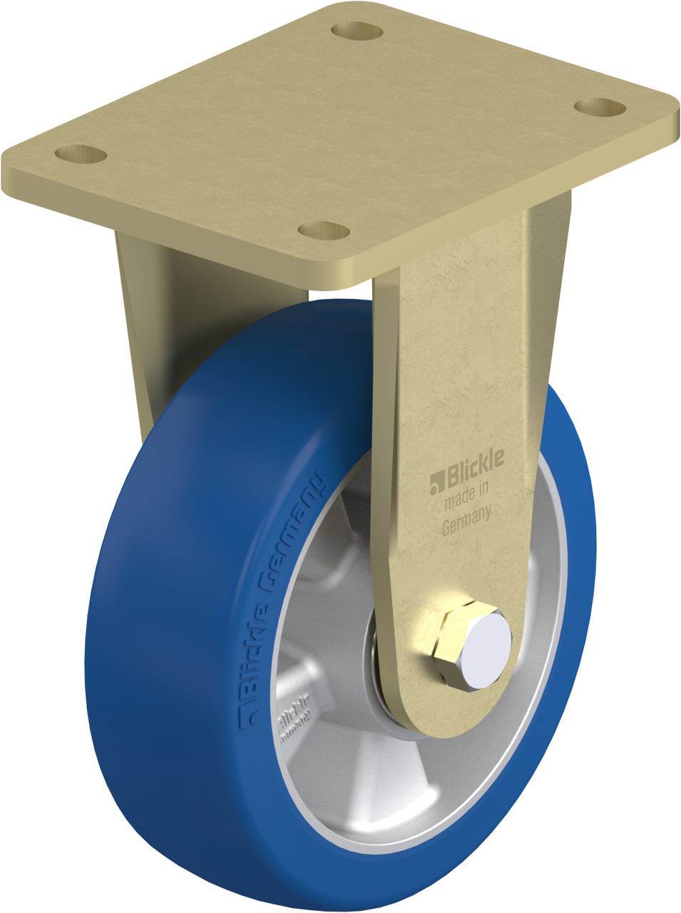 Industrie-Rollenrad mit blauer Gummibereifung, montiert an einer goldfarbenen Metallplatte. Aufschrift: 'Blickle made in Germany'.
