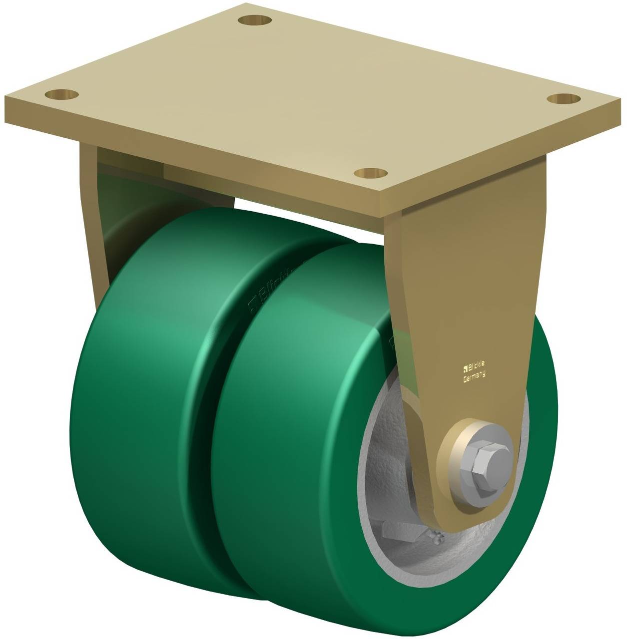 Ein doppeltes Schwerlast-Rad aus Metall und grünem Gummi mit rechteckiger Montageplatte, geeignet für Industriefahrzeuge.