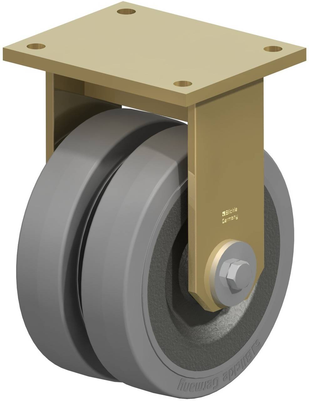 Ein Rotationslenkrolle mit doppeltem Rad aus grauem Gummi und einer goldfarbenen, rechteckigen Montageplatte, geeignet für schwere Lasten.