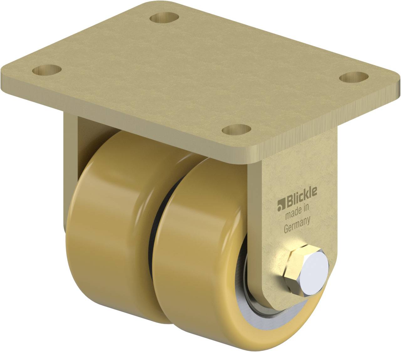Doppelrolle mit rechteckiger Montageplatte und Beschriftung 'Blickle made in Germany', in einer neutralen, beige Farbe.