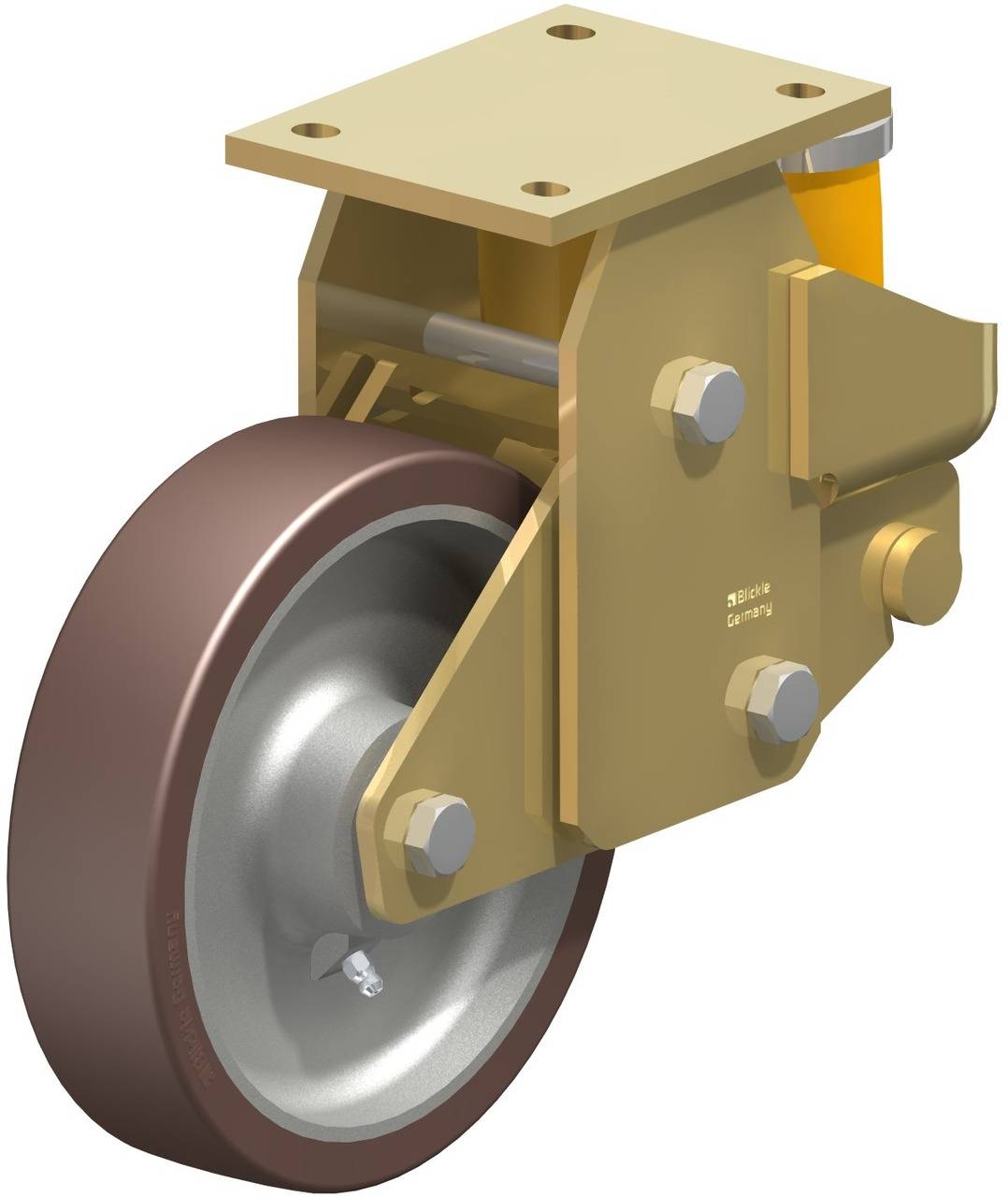 Industrielles Schwenkrad mit Metallgehäuse und Gummireifen, geeignet für schwere Lasten, auf glatten Oberflächen montierbar.