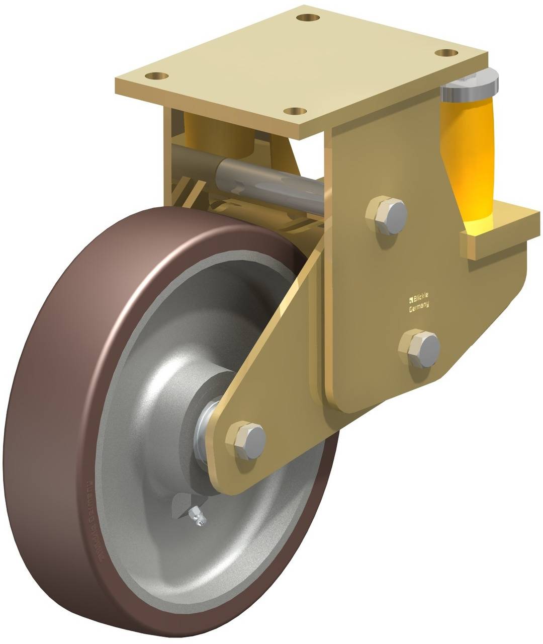 Ersatzrad für Schwerlast, mit Metallhalterung und Bremssystem, seitlicher Anbau. Geeignet für industrielle Anwendungen.