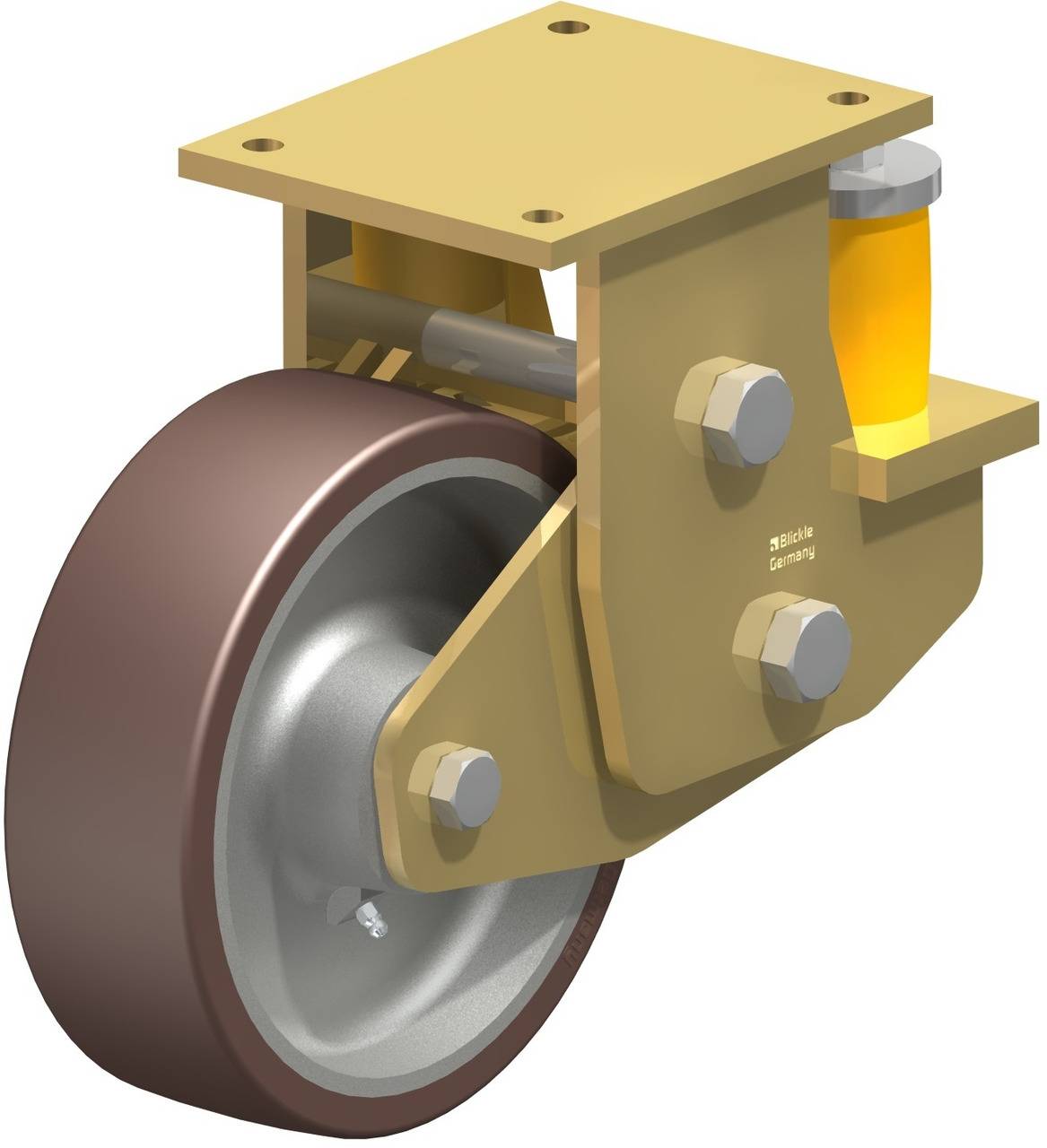 Ein drehbares Schwerlast-Lenkrolle mit robustem Metallrahmen und federnder Aufhängung, geeignet für industrielle Anwendungen.